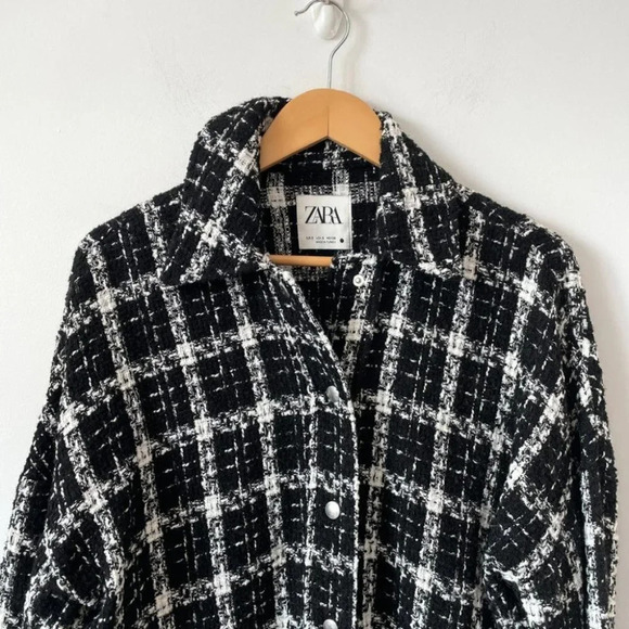 Zara Check Tweed Snap  Button Shirt Jacket Black White Bloggers Fave Size Small - Picture 5 of 7